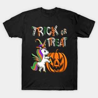 Kawaii cute unicorn pumpkin trick treat violet orange black green 3D tridimensional 322 T-Shirt